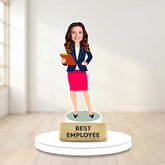 Best Lady Employee Caricature acrylic showpiece featuring a smiling woman in office attire holding a file, ideal corporate gift for her desk decor.